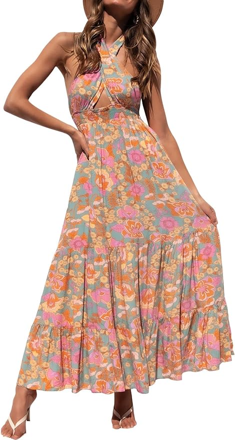 Zesica Crossover Halter Neck Maxi Dress